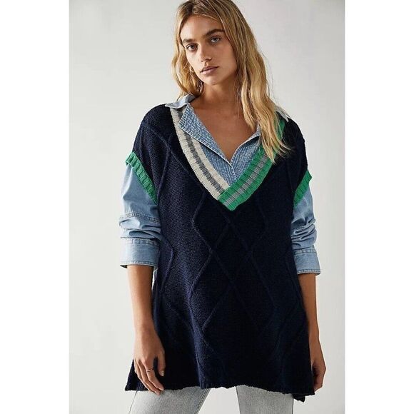 NEW FREE PEOPLE Sz M KENZIE MINI DRESS VARSITY SWEATER TUNIC IN STARLESS SKY - Picture 2 of 4